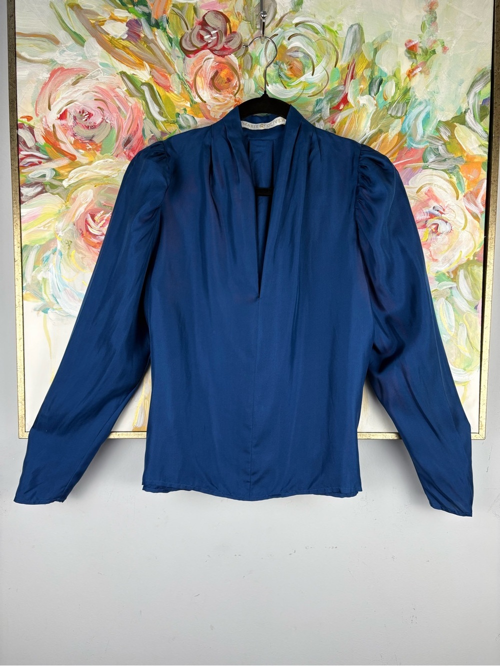 Marie Oliver 100% Silk Blue Puff Sleeve Split Neck Blouse Size S - Picture 2 of 11